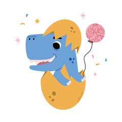 Cute Blue Dinosaur at Birthday Party Hatched from Egg with Balloon Vector Illustration