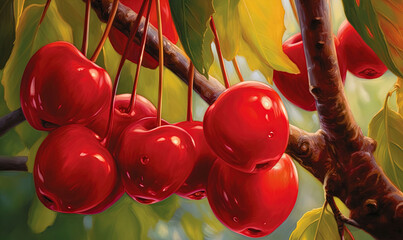 Fototapeta na wymiar a painting of cherries hanging from a tree with leaves and a red berry hanging from a branch with green leaves and red berries on it. generative ai