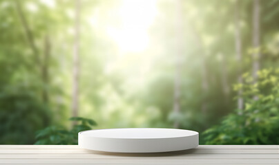 Fototapeta na wymiar Creative mock concept. Empty white podium on wooden wood table in front of blurred green forest jungle trees background. Template for product presentation display. 