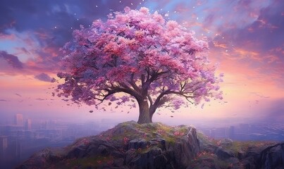  a painting of a tree on top of a hill with a city in the background and a purple sky with clouds and birds flying over it.  generative ai