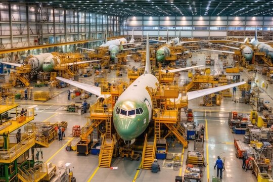 inside factory of airplanes a lot fo machines AI Generated
