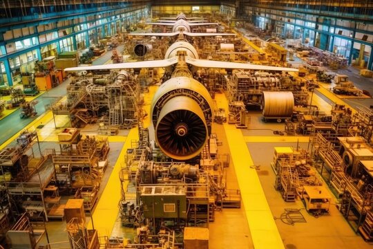 inside factory of airplanes a lot fo machines AI Generated