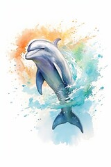 Friendly dolphin jumping out of the water watercolor. AI generated
