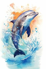 Friendly dolphin jumping out of the water watercolor. AI generated