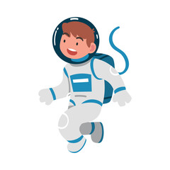 Space with Boy Astronaut Character in Spacesuit Floating Vector Illustration