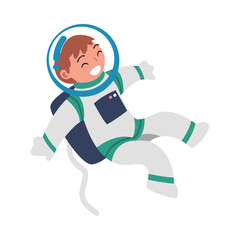 Space with Boy Astronaut Character in Spacesuit Floating Vector Illustration