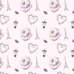 Hand drawing black lineart watercolor Paris Eiffel Tower heart lamp floral lavender pattern