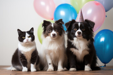 Fototapeta na wymiar Cat and dog with party hats and balloons celebrate life on white background. Generative AI