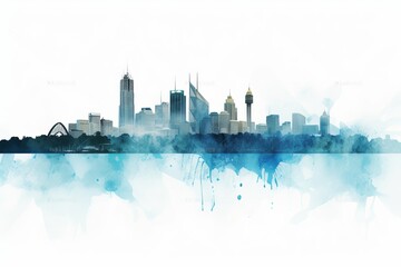 Fototapeta premium A Captivating Watercolor-style Blue Silhouette of Sydney Skyline, Against a White Background, Showcasing the Iconic Landmarks and Lively Spirit of Australia Vibrant Harbour City