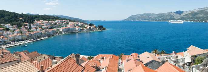 Historic town Korcula in Croatia, panoramic view from the bell tower, summer vacation on Adriatic...