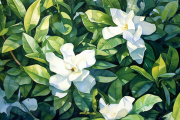 Lush Gardenias watercolor illustration. AI generated
