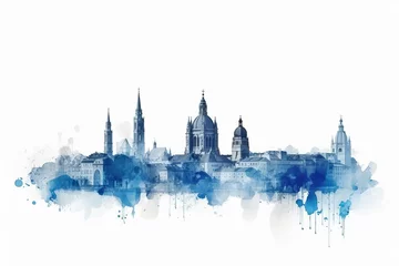Foto op Plexiglas Aquarelschilderij wolkenkrabber vienna skyline, A Captivating Watercolor-style Blue Silhouette of Vienna Skyline, Against a White Background, Showcasing the Splendor and Cultural Heritage of Austria Enchanting Capital