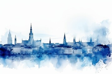vienna skyline, A Captivating Watercolor-style Blue Silhouette of Vienna's Skyline, Against a White Background, Showcasing the Splendor and Cultural Heritage of Austria's Enchanting Capital - obrazy, fototapety, plakaty