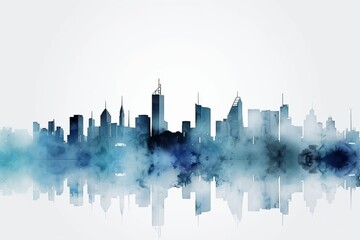 new york skyline, A Captivating Watercolor-style Blue Silhouette of New York's Skyline, Against a White Background, Blending Bavarian Artistry with the Iconic Energy of America's Vibrant Metropolis.