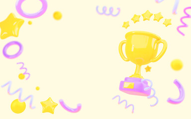 Winner cup with stars, confetti and empty space on yellow background 3d render. Cartoon poster with gold trophy, prize or award for sports events. Celebration and ceremony concept. 3D illustration