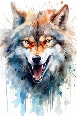 Majestic wolf with a fierce expression watercolor. AI generated