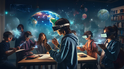 group of students engaging with an interactive virtual reality educational program