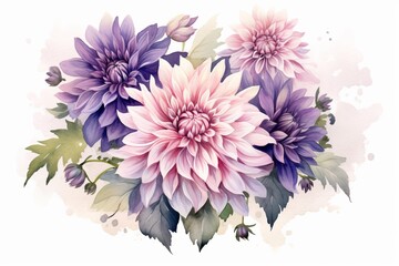 Mauve Dahlias watercolor illustration. AI generated