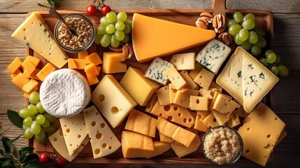 Cheese plate with different types of fermented milk products. Assortment on a wooden board. Snack for wine. 