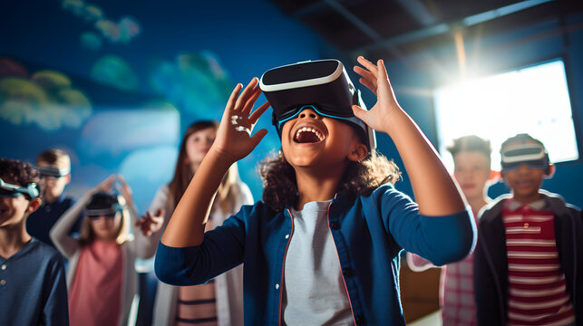Next-Generation Learning, group of students engaging with an interactive virtual reality educational program
