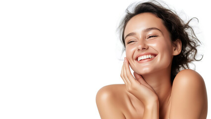 Woman smiling while touching her flawless glowy skin with copy space for your advertisement,...