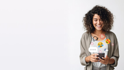 Girl using social media on her phone and smiling with copy space for your advertisement - Powered by Adobe