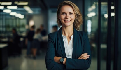 happy businesswoman at office with arms crossed