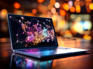computer concept with colorful lights and network of lines.
