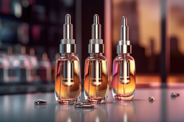 Naklejka premium Glass dropper bottles containing serum are arranged inside a wine glass, showcasing beauty and skincare products. Generative Ai, Ai.