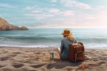 Fototapeta na wymiar A woman sits on the seashore, searching through her bag while enjoying the scenic view. Generative Ai, Ai.