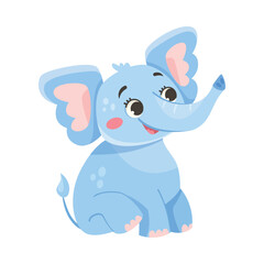 Cute Blue Baby Elephant Character Sitting with Large Ear Flaps and Trunk Vector Illustration