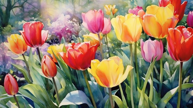 Multi-Colored Tulips in a Garden watercolor. AI generated