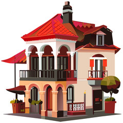 Vector art with cute colored spanish house in cartoon style.