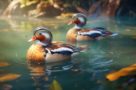 A male and female mandarin duck gracefully swimming together on a river, showcasing their vibrant plumage. Generative Ai, Ai.