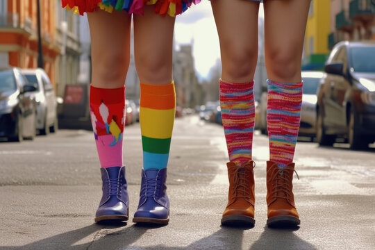 The legs of lesbian women, adorned with colorful socks, stand together on a footpath, representing pride, diversity, and love. Generative Ai, Ai.