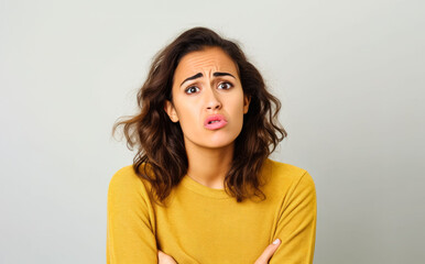 Fototapeta premium Young woman with uncertain annoyed expression, thinking. Generative AI