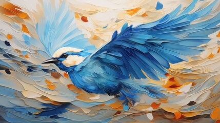 Blue jay in flight impressionist abstract cubism painting. 