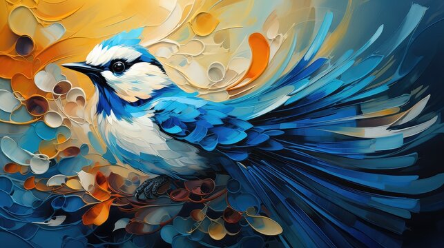 Blue jay in flight impressionist abstract cubism painting. 