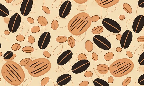  a pattern of coffee beans on a beige background with black and brown stripes on the bottom of the image and the bottom of the image.  generative ai