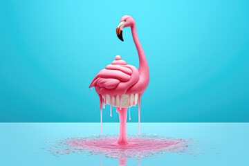 Fototapeta na wymiar A pink stick ice cream is shown melting with a flamingo float on a pastel blue background. This creative concept represents minimalism and summer. Generative Ai, Ai.