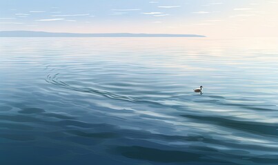 Fototapeta premium a duck floating on top of a large body of water next to a shore covered in waves and a mountain in the distance in the distance. generative ai