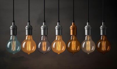 a group of light bulbs hanging from a ceiling in a dark room with a black wall in the background and a few light bulbs hanging from the ceiling.  generative ai