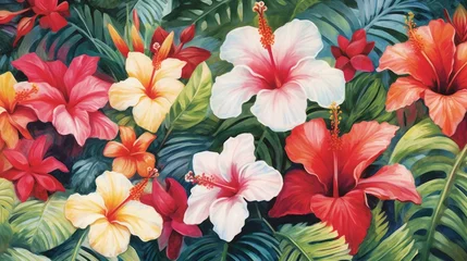 Fototapeten Plumerias and Hibiscus in a Tropical Paradise watercolor. AI generated © Olive Studio