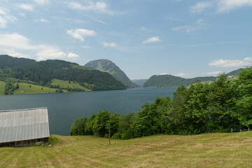 Fototapeta premium Lake Waegitalersee in an alpine scenery in Switzerland