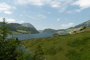 Lake Waegitalersee in an alpine scenery in Switzerland