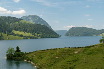 Fototapeta premium Lake Waegitalersee in an alpine scenery in Switzerland