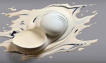  a milk splash with milk in it on a gray background with a black and white swirl around the top of the milk jug and the milk.  generative ai