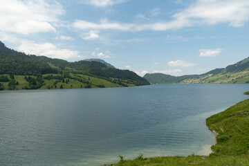 Fototapeta premium Lake Waegitalersee in an alpine scenery in Switzerland