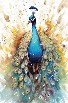 Proud peacock showing off its feathers watercolor. AI generated