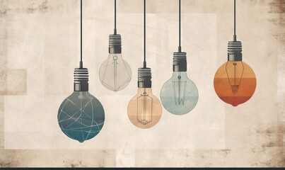 Naklejka premium a group of light bulbs hanging from a ceiling with wires attached to them and a light bulb in the middle of the picture with a brown background. generative ai